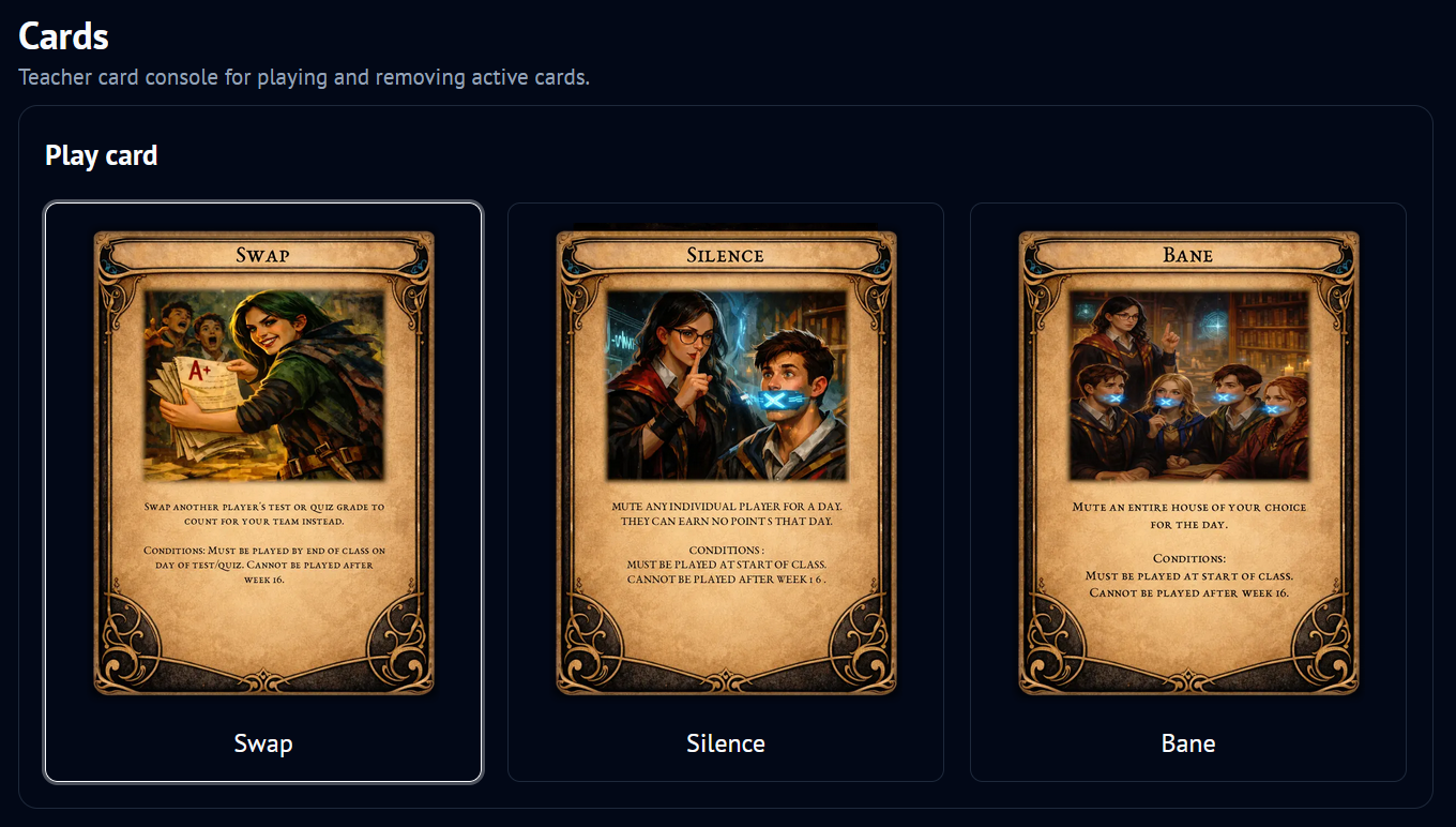 Playable classroom card console with Swap, Silence, and Bane cards.